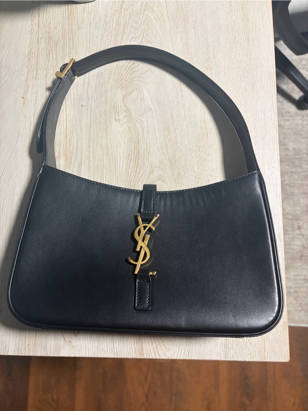 Saint Laurent Black Leather Shoulder Bag with Gold YSL Emblem